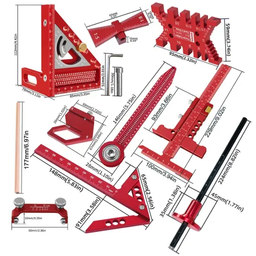 10pcs Aluminum Alloy Woodworking Square Kit CNC Laser Engraved Multi-Angle Ruler Compass Scriber Tenon Gauge Sharpening Tool Drawing Layout Panel Splicing Accessories