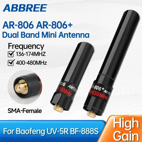 ABBREE AR-806 AR-806+ Dual Band Mini Antenna 136-174MHz 400-480MHz SMA-Female High Gain for Baofeng UV-5R BF-888S Walkie Talkie