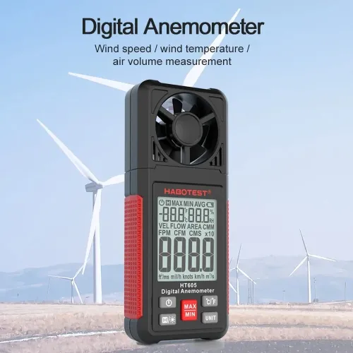 HABOTEST HT605 Digital Anemometer Portable Wind Speed Meter Windmeter LCD Backlight Display Temperature Humidity Meter