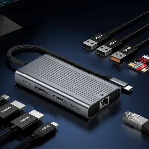 ULT 10-in-1 Type-C Docking Station with USB3.0 USB2.0 4K HD*2 PD100W 1000M RJ45 SD&TF3.0 Multiports Splitter Adapter