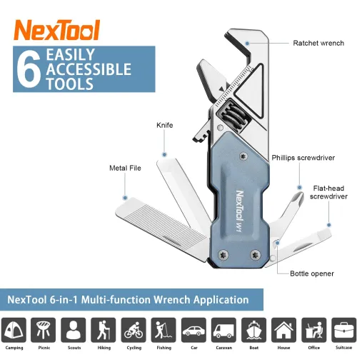 NexTool 6 In 1 EDAdjustable Wrench Multitool Pocket Hand Tools Kit Screwdriver Bit Set Multi Function Tools Folding Knife File