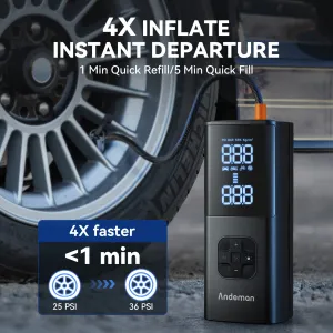 Andeman Tire Inflator Portable Air Compressor, 150PSI & 8000mAh Portable Air Pump, 4X Faster Cordless Tire Inflator with Large Display and LED Light, Cordless Air Pump for Cars, Bike, Ball and More