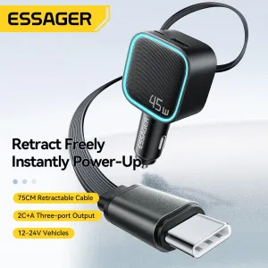 ESSAGER F779 45W 2-Port USB PD Car Charger Adapter with Integrated Type-C Retractable Cable+USB-A+USB-C PD3.0 QC3.0 Support PPS AFC FCP Apple2.4A Fast Charging for iPhone 17 17Pro Max 16 15 14 for Xiaomi 17pro for SAMSUNG for VIVO