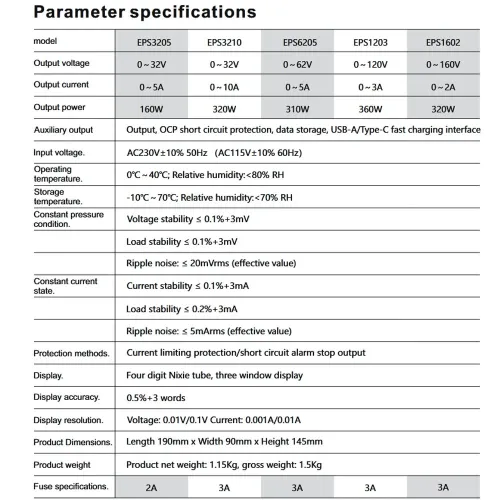 WANPTEK Regulated Power Supply EPS1602 0-160V Voltage 0-2A 0-10A Current (Multiple voltage options) Multi-Function Protection Superior Stability Digital Display ideal for Diverse Electronics Application EPS3205/EPS3210/EPS6205/EPS1203/EPS1602