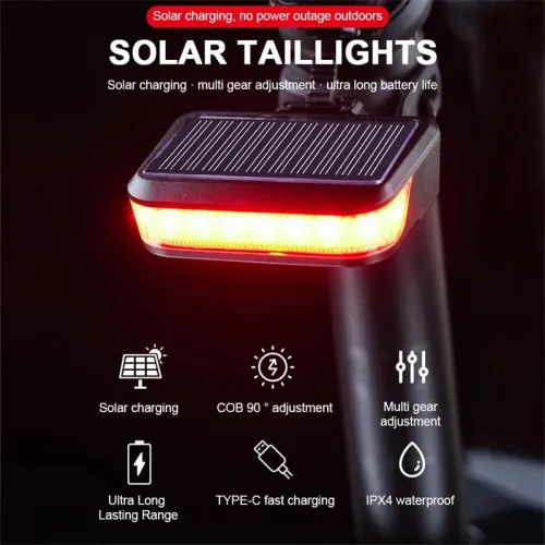 Bikight Solar Bike Taillight 600mAh Battery 6 Light Modes Type-Solar Charging Waterproof Bicycle Rear Light for MTB Bike Motorcycle Electric Vehicle