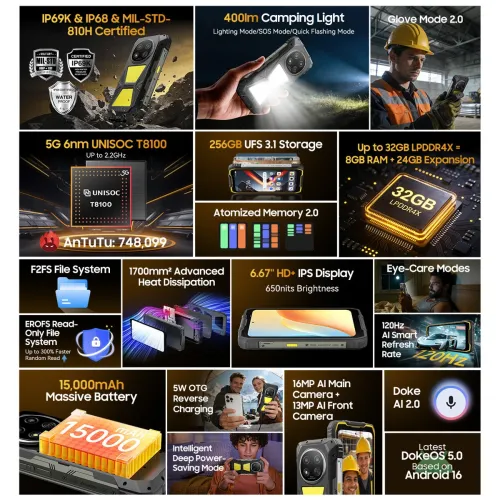 Blackview ROCK 2 Pro AI 5G Camping Light 32GB 256GB 15000mAh 33W Fast Charge 6.67 inch 120Hz Android 16 NFC UNISOC T8100 IP68 IP69K Waterproof Rugged Smartphone