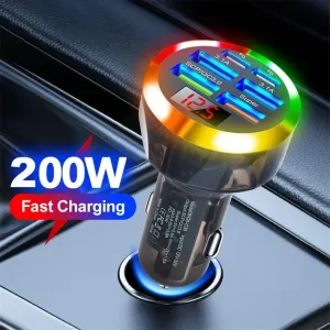 200W 6-Port USB PD Car Charger Adapter 4USB-A+2USB-C Support PD QC3.0 SCP FCP BC1.2 Fast Charging with LED Digital Display for iPhone 16 16Pro 15 14 13 Pro Max for Samsung Galaxy Z Flip6 for Xiaomi 15pro for Huawei Mate XT