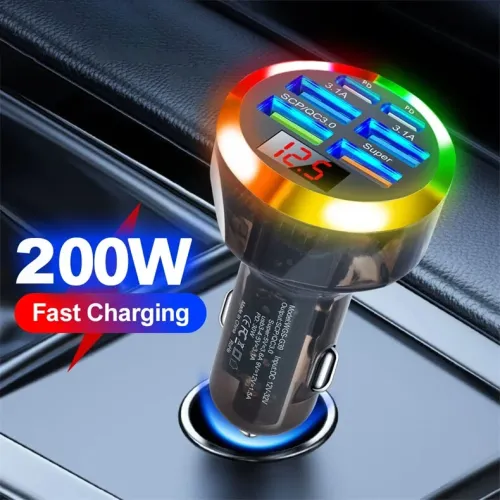 200W 6-Port USB PD Car Charger Adapter 4USB-A+2USB-C Support PD QC3.0 SCP FCP BC1.2 Fast Charging with LED Digital Display for iPhone 16 16Pro 15 14 13 Pro Max for Samsung Galaxy Z Flip6 for Xiaomi 15pro for Huawei Mate XT