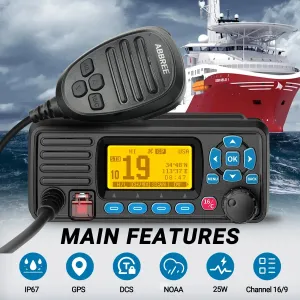 ABBREE AR-509MG VHF Marine Radio Waterproof IP67 25W Built-in GPS NOAA Weather Alerts DSC Call USA INT CAN Marine Channels