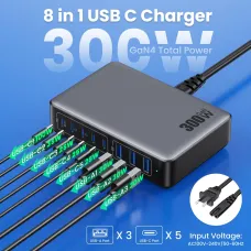 [GaN Tech] 300W 8-Port USB PD Charger 5USB-C+3USB-A QC PD Fast Charging Desktop Charging Station EU Plug for iPhone 16 15 Pro 14 13 Pro Max 12 for Huawei Pura X for Samsung Galaxy S25 Ultra for Xiaomi 15pro