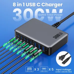 [GaN Tech] 300W 8-Port USB PD Charger 5USB-C+3USB-A QC PD Fast Charging Desktop Charging Station EU Plug for iPhone 16 15 Pro 14 13 Pro Max 12 for Huawei Pura X for Samsung Galaxy S25 Ultra for Xiaomi 15pro