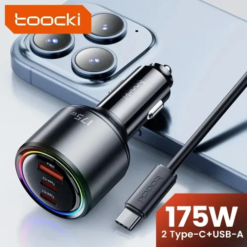 Toocki TQ-CC14 175W 3-Port USB PD Car Charger Adapter USB-A+2Type-C PD3.0 QC3.0 Fast Charging for iPhone 15 14 13 for Huawei Mate60 Pro for Samsung Galaxy Z Flip4 for Xiaomi 13pro