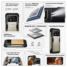 DOOGEE S200 Max 5G 1.3 inch Rear Display 36GB 512GB Dual Flashlights 108MP Triple Camera Night Vision Dimensity 7050 6.72 inch 120Hz 22000mAh 66W Fast Charge Android 15 NFC IP68 IP69K Waterproof Rugged Smartphone