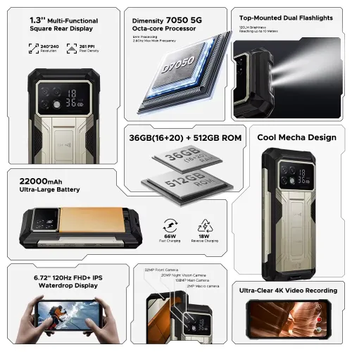 DOOGEE S200 Max 5G 1.3 inch Rear Display 36GB 512GB Dual Flashlights 108MP Triple Camera Night Vision Dimensity 7050 6.72 inch 120Hz 22000mAh 66W Fast Charge Android 15 NFC IP68 IP69K Waterproof Rugged Smartphone