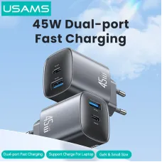 [GaN Tech] USAMS CC290 T66 45W 2-Port USB Charger USB-A+USB-C Fast Charging Wall Charger Adapter EU Plug for iPhone 17 17 Pro 16 15 Pro Max for Huawei Pura 80 Ultra for XIAOMI for OPPO