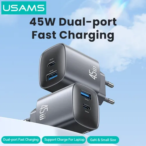 [GaN Tech] USAMS CC290 T66 45W 2-Port USB Charger USB-A+USB-C Fast Charging Wall Charger Adapter EU Plug for iPhone 17 17 Pro 16 15 Pro Max for Huawei Pura 80 Ultra for XIAOMI for OPPO