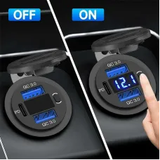 Three Port 12V/24V USB Charger Socket Dual 18W QC 3.0 & 20W PD USB-C For Car Motorcycle With Voltmeter Power Switch