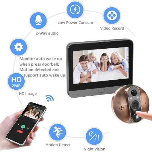 Tuya Smart WiFi Doorbell 1080P Peephole Camera 2MP 2304x1296P PIR Motion Alexa Google Integration 5000mAh Battery Two-Way Intercom Night Vision