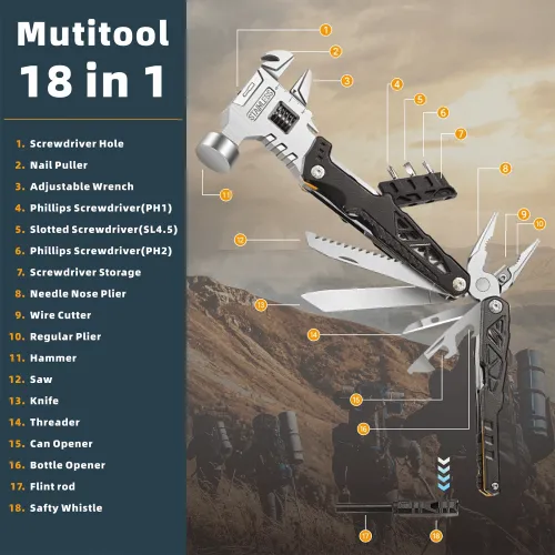 IPRee Portable Multifunctional Wrench Hammer Outdoor Camping Emergency Tools Combination Stainless Steel Folding Nail Hammer