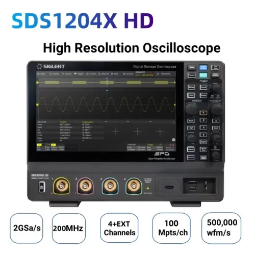 Siglent SDS1204X-HD Oscilloscope 200MHz Bandwidth 4 Channels 2GSa/s Sampling Rate 12-bit High Resolution TFT-LCD Touch Screen