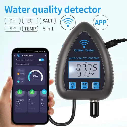 Tuya WiFi Bluetooth 5 in 1 Water Quality Monitor PH EC SALT SG Temperature Multi Function Water Analyzer APP Control for Aquarium Aquaculture Hydroponics Swimming Pool