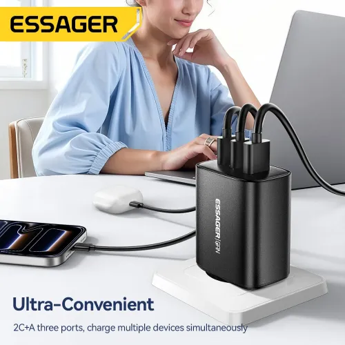 [GaN Tech] ESSAGER RC65WCF 65W 3-Port USB PD Charger USB-A+2USB-C PD3.0 QC4.0 PPS Fast Charging Wall Charger Adapter EU Plug for iPhone 17 17Pro Max 16 15 14 for Xiaomi 17pro for Huawei Mate XTs for SAMSUNG for OPPO