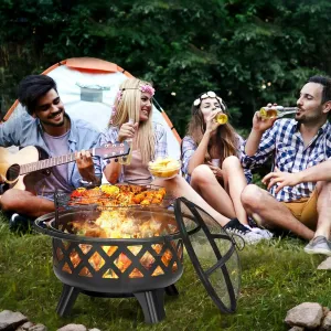 SINGLYFIRE 30 Inch Fire Pit for Outside with Grill Outdoor Wood Burning Firepit Large Steel Firepit Bowl for Patio Backyard Picnic Garden with Swivel BBQ Grill / Ash Plate / Spark Screen / Poker