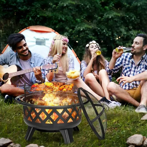 SINGLYFIRE 30 Inch Fire Pit for Outside with Grill Outdoor Wood Burning Firepit Large Steel Firepit Bowl for Patio Backyard Picnic Garden with Swivel BBQ Grill / Ash Plate / Spark Screen / Poker