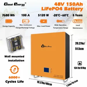 UDirect Cloudenergy 48V 150Ah LiFePO4 Battery Wall Mounted Lithium Deep Cycle Battery Pack 7680Wh 5120W Energy 6000+ Life Cycles Built-in 100A BMS, for RV, Solar, Marine, Overland, Off-Grid CL48-150B