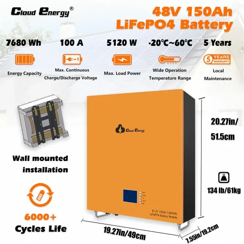 UDirect Cloudenergy 48V 150Ah LiFePO4 Battery Wall Mounted Lithium Deep Cycle Battery Pack 7680Wh 5120W Energy 6000+ Life Cycles Built-in 100A BMS, for RV, Solar, Marine, Overland, Off-Grid CL48-150B