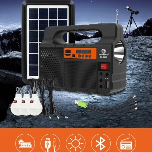 Portable Solar Generator with Solar Panel Radio BSpeaker Phone Charger Flashlight Power Station Built-in 3600mAh Rechargeable Battery for Outdoor Camping Emergency Illumination System with 3Pcs External Light Bulb