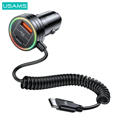 USAMS C33 60W 12-24V Car Charger USB Type C PD Fast Charge Hardware Plastic Belt with Aperture Spring Cable
