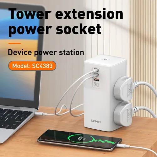 LDNIO 7 in 1 2500W Tower Extension Power Socket 70W Charging Station USB Power Strip with 4 Outlets and 2USB-C+USB-A Port Extension Cord