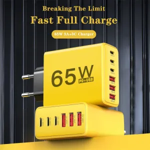 65W 6-Port USB PD Charger 3USB-A+3USB-C PD QC Fast Charging Wall Charger Adapter EU Plug US Plug for iPhone 16 16 Pro 15 14 13 Pro Max for Xiaomi 15pro for Huawei Mate XT for Oppo Reno 13