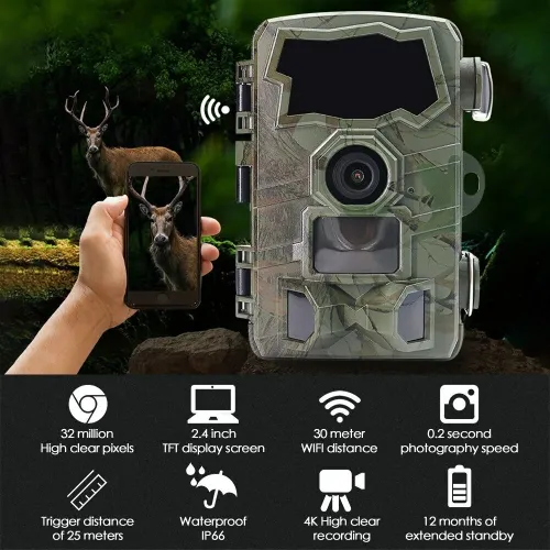 HC888 WIFWildlife Trail Hunting Camera 32MP Pixels 4K HVideo Recording IP66 Waterproof 30m Night Distance Phone Connection for Outdoors Natural Photography