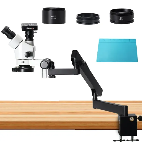 MUSTOOL 3.5X - 90X Articulating Arm Pillar Clamp Zoom Simul Focal Trinocular 4K Stereo Microscope + 34MP Video Camera For Industrial PCB