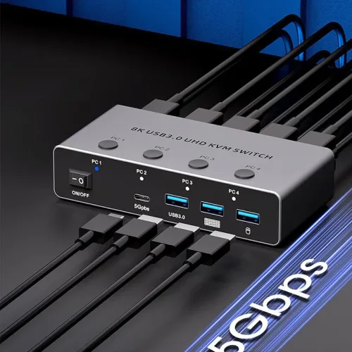 SAAORJJE 8K KVM Switch 4 In 1 Out 8K/4K HD2.1 KVM Switch USB 3.0 High Speed Transmission KVM Switcher