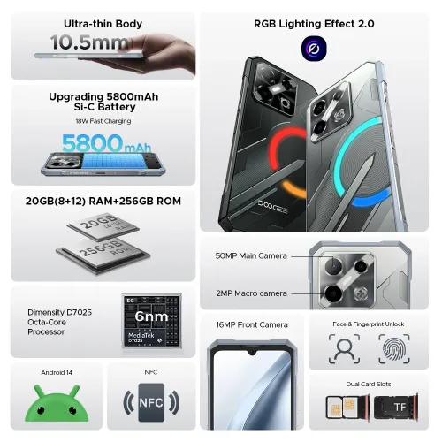 DOOGEE Blade GT Play 5G LED light effect 20GB 256GB 50MP Camera Dimensity 7025 6.72 inch 120Hz 5800mAh Android 14 NFC IP68 IP69K Waterproof Rugged Smartphone