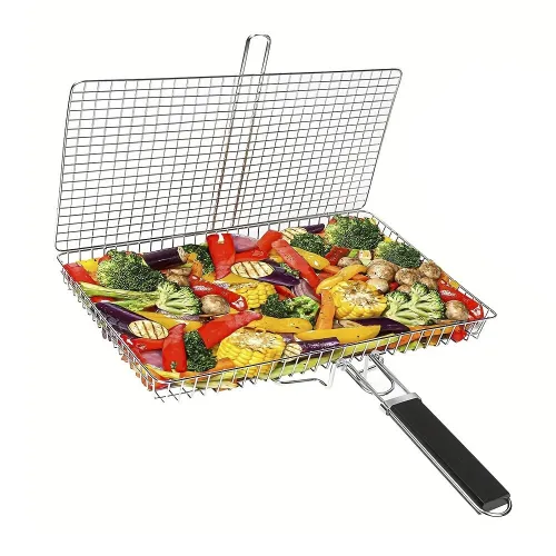 IPRee Portable BBQ Grill Basket Folding Stainless Steel with Handle Large Capacity for Fish Vegetables Shrimp Cooking Cookware Tools