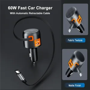 IBD IBD358 1U2C 60W PD30w QC30W 3-in-1 USB Car Charger Retractable Cable Multi-Port  Fast Charging USB Type C Charger for Mobile Phone