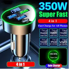 350W 4-Port USB PD Car Charger Adapter 3USB-A+USB-C Fast Charging with Blue LED for iPhone 16 15 14 13 Pro for Huawei Nova Flip for Xiaomi Civi 4 Pro for Samsung Galaxy Z Flip6