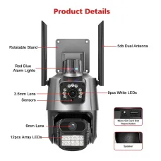 3MP+3MP Dual Lens Wifi Camera Outdoor Dual-Screen AI Auto Tracking PTZ IR Color Night Vision Onvif 2-Way Audio Surveillance Camera iCSee