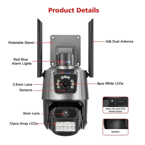 3MP+3MP Dual Lens Wifi Camera Outdoor Dual-Screen AI Auto Tracking PTZ IR Color Night Vision Onvif 2-Way Audio Surveillance Camera iCSee