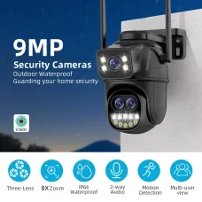 Three Lens 9MP HD 8X Zoom Security Camera WiFi Outdoor IP66 Waterproof Human Detection Night Vision Two Way Audio Smart Tracking ICSEE App Camera