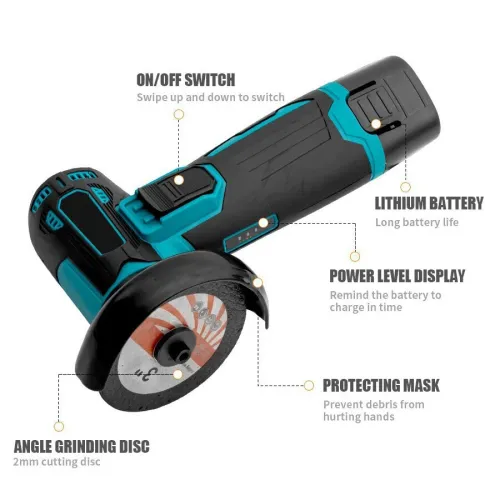 Cordless Angle Grinder M5 12V 19500 RPM Brushed Motor 3 Inch Cutting Disc Compact Lightweight Electric Power Tool Grinding Cutting Polishing