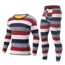 TENGOO 2 Pcs Men's Striped Thermal Underwear, Compression Thermal Base Layer Set, Comfy Moisture Wicking & Breathable Basic Long Sleeve & Leggings Casual Men Warm Underwear Set, Long Johns Set, Men's Thermal Clothing