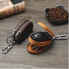 Ekphero Men Genuine Leather Mini Car Key Case Minimalist Zipper Key Holder Storage Bag for Men Double Layer Key Slot Bag with Key Chain
