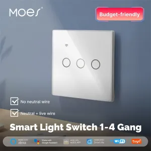 MoesHouse Tuya Smart WiFi Light Switch 1-4 Gang Touch Glass Panel Timing Function APP Remote Control Voice Control Work with Alexa Google Assistant EU Plug