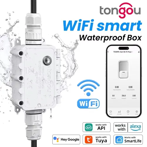 TONGOU 16A Tuya WiFi Smart Waterproof Switch Box Real-time Power Display Timing Function Voice Control with Alexa Google Home Voltage & Current Protection