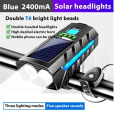 Bikight 4 in 1 Solar Bike Headlight 2400mAh Battery Power Bank 3 Light Modes Waterproof Bicycle Front Light with 130db Horn for MTB Bike Motorcycle Electric Vehicle